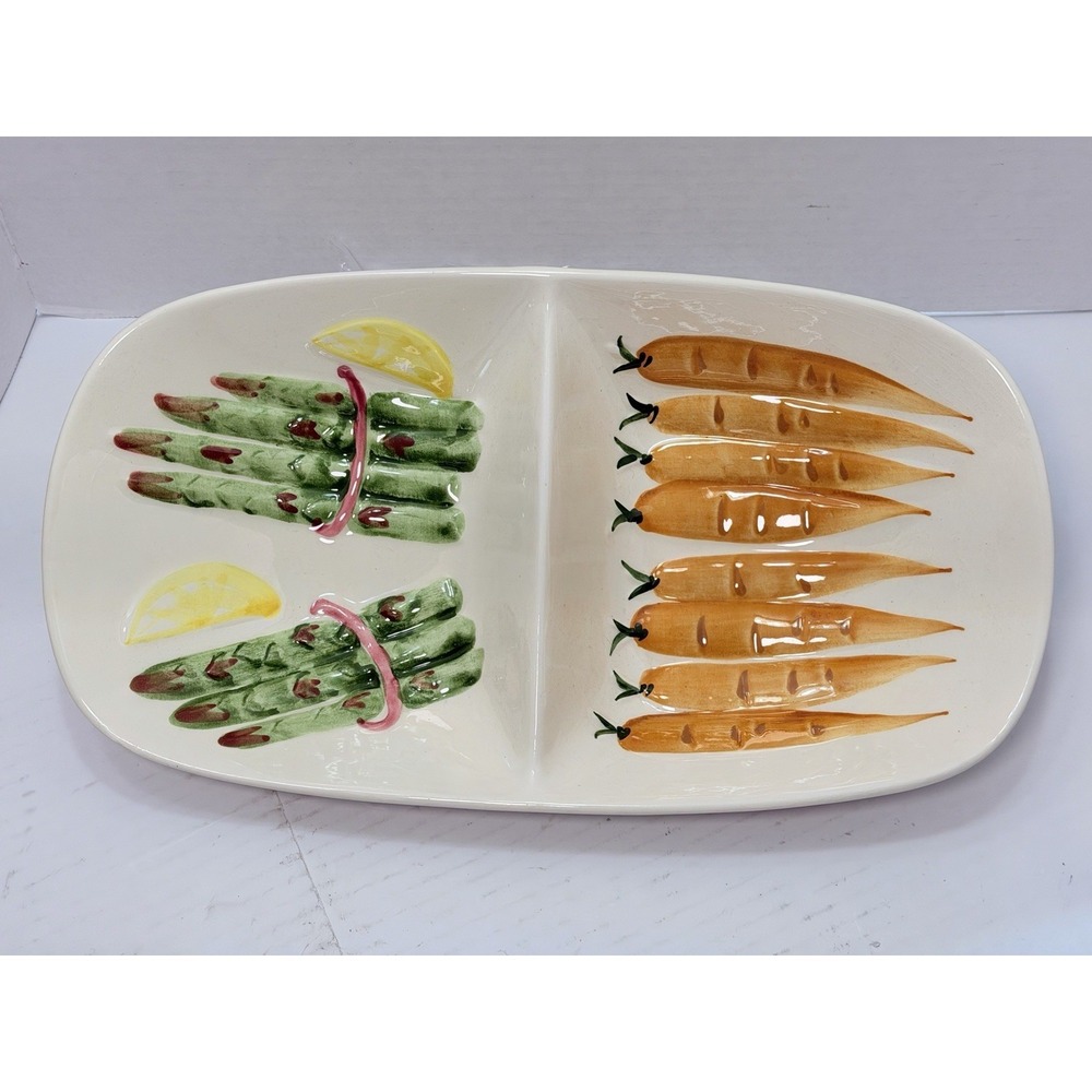 Vintage 1959 Los Angeles Potteries Divided Dish Raised Carrots Asparagus 13"